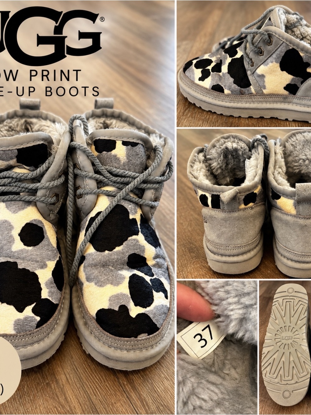 UGG women’s Cow-Print Lace-Up Ankle Boots in Gray, Black & White